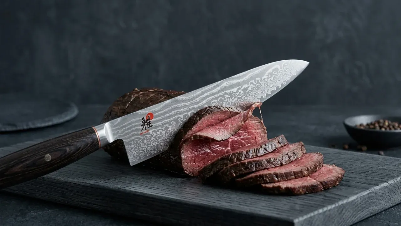 Cuchillo sujihiki Miyabi 5000 FCD de hoja larga de damasco loncheando carne asada sobre una tabla de madera oscura
