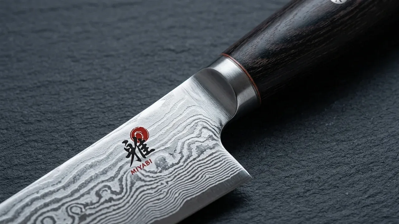 Detalle del mango de madera de pakka del sujihiki Miyabi 5000 FCD y la virola de acero junto al logo Miyabi