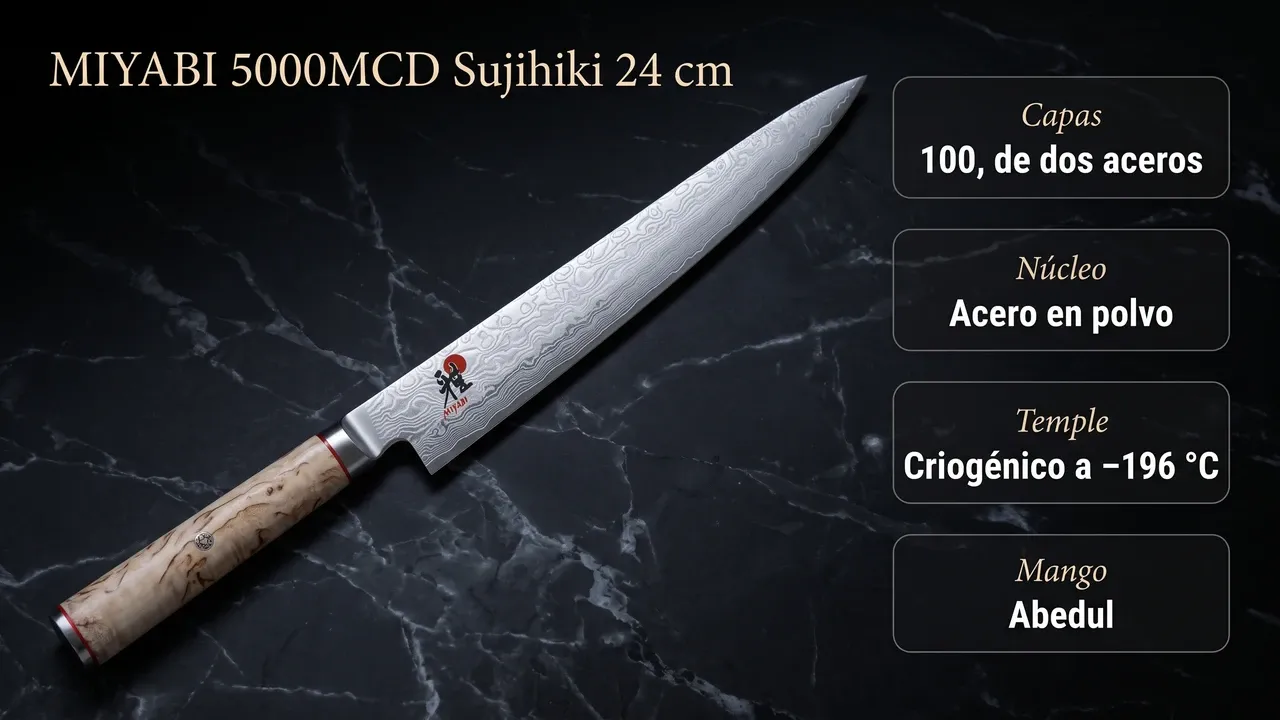 Datos técnicos del Miyabi 5000MCD Sujihiki sobre mármol negro: 100 capas de dos aceros, núcleo de acero en polvo, temple criogénico a −196 °C y mango de abedul