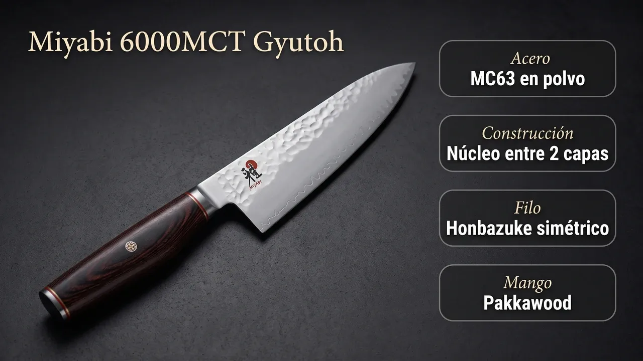 Ficha técnica del Miyabi 6000MCT Gyutoh: núcleo de acero en polvo MC63 entre dos capas, filo simétrico Honbazuke y mango de pakkawood