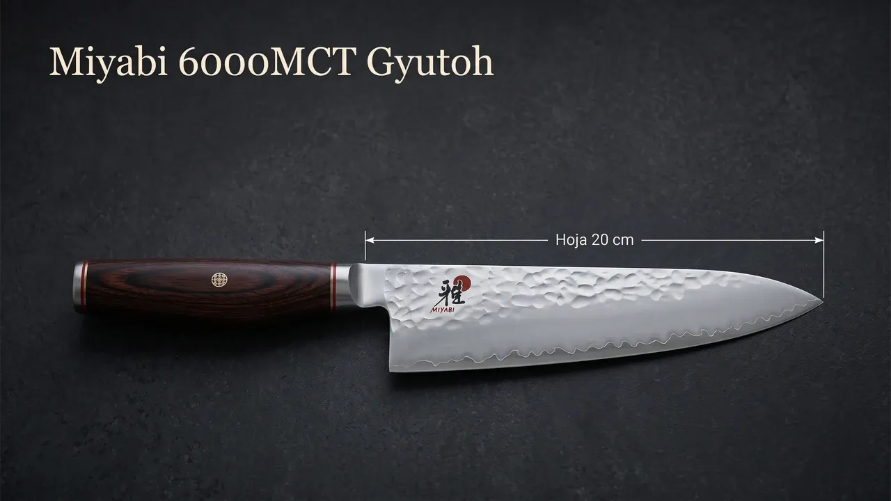 Medidas del Miyabi 6000MCT Gyutoh: hoja martillada de 20 cm, con el mango de pakkawood y pin de mosaico