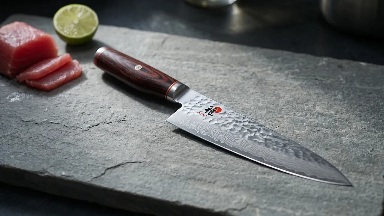 Miyabi 6000MCT Gyutoh de 20 cm con hoja martillada y mango de pakka marrón rojizo sobre piedra caliza gris, junto a un taco de atún rojo en lonchas y media lima