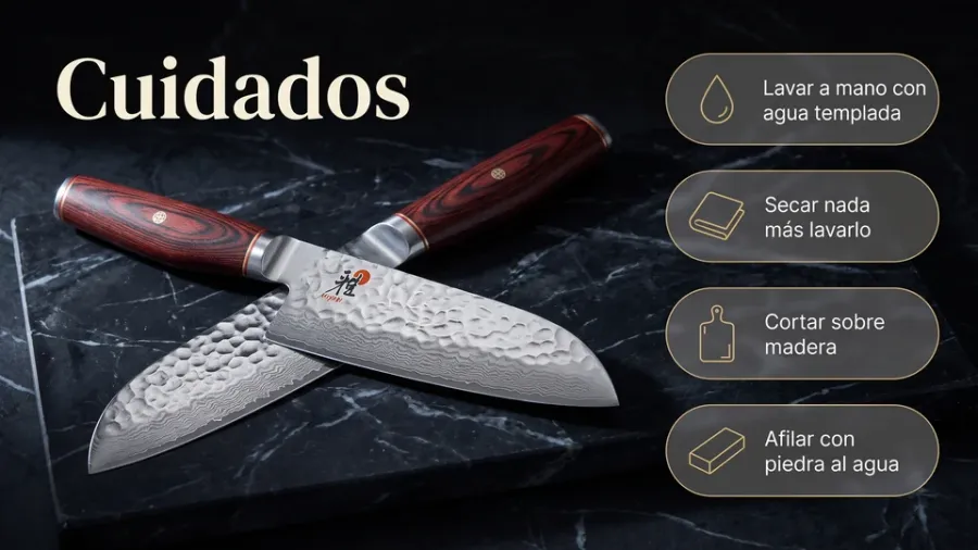Cuidados del Miyabi 6000MCT Santoku sobre mármol negro: lavar a mano con agua templada, secar nada más lavarlo, cortar sobre madera y afilar con piedra al agua