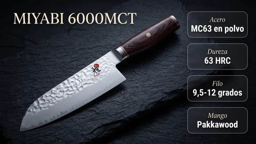Ficha técnica del santoku Miyabi 6000MCT: acero en polvo MC63 a 63 HRC, filo honbazuke entre 9,5 y 12 grados por lado y mango de pakkawood rojizo