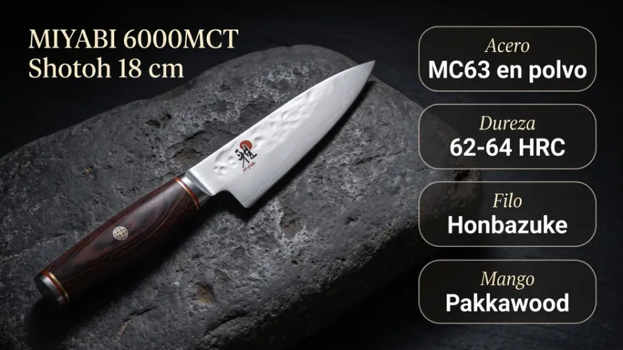 Ficha técnica del Miyabi 6000MCT Shotoh: acero en polvo MC63 a 62-64 HRC, temple Cryodur, filo honbazuke y mango de pakkawood