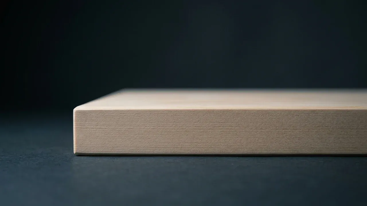 Detalle del canto de 3 cm de grosor de la tabla de corte Miyabi de ciprés japonés hinoki visto de perfil