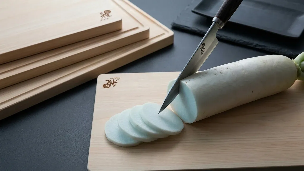 Tabla de corte Miyabi de hinoki con un cuchillo japonés cortando rábano daikon sobre la madera de ciprés pálida