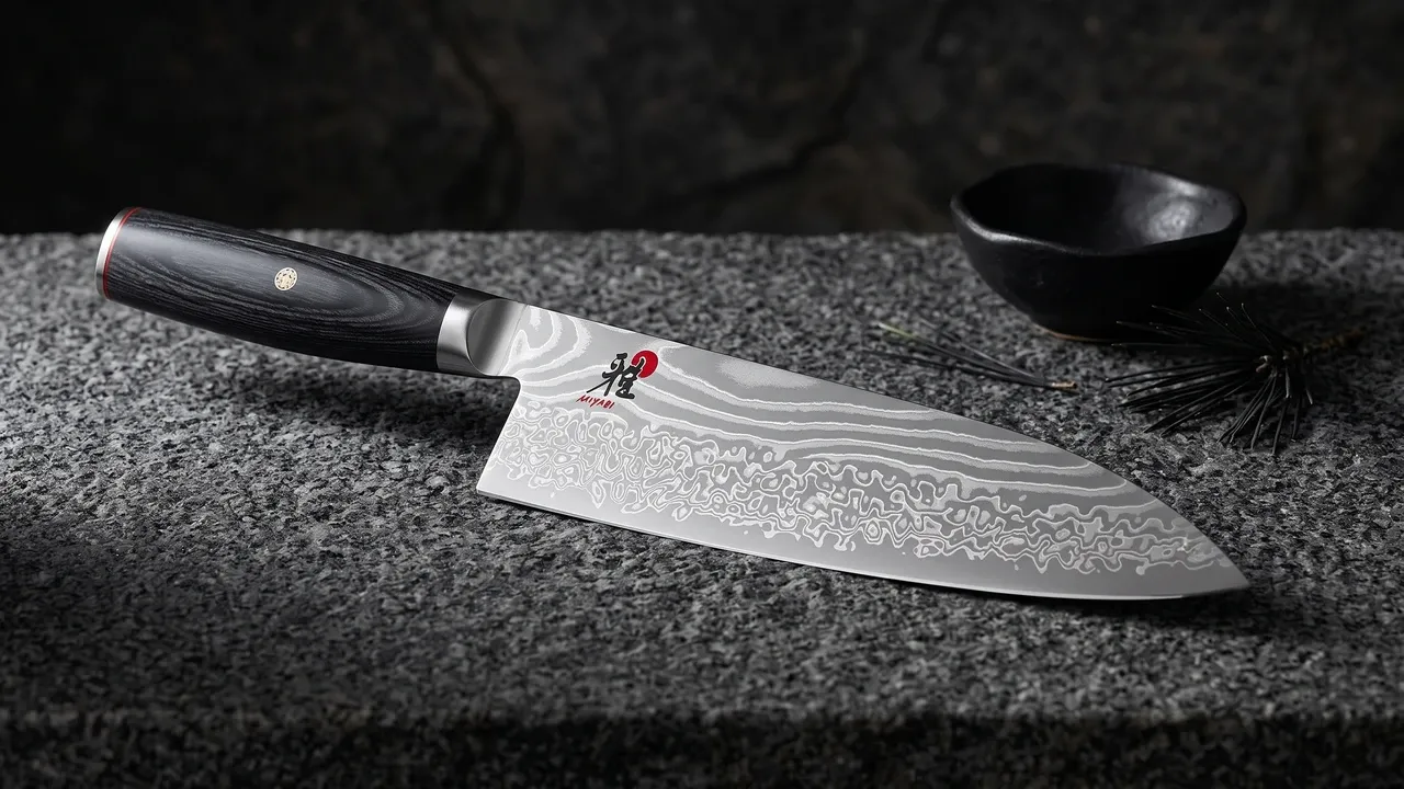 Miyabi Kaizen II Chef de 24 cm sobre granito oscuro de grano grueso, junto a un cuenco de cerámica wabi y una acícula de pino negro