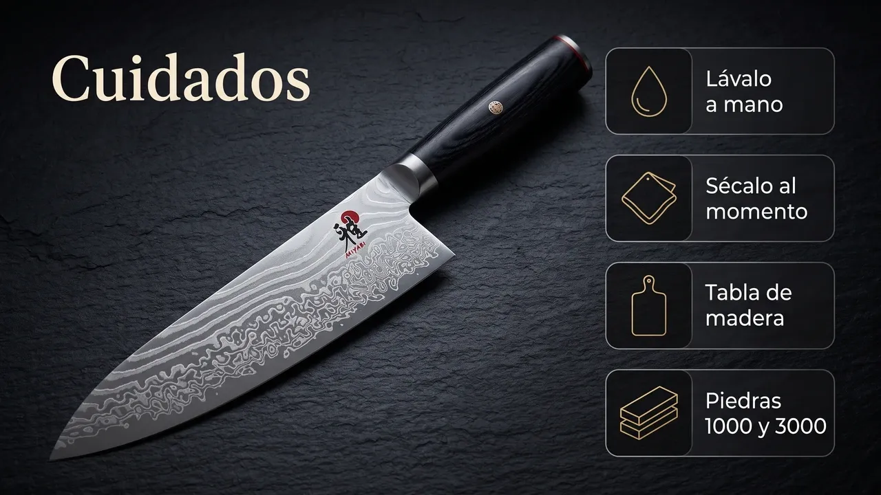 Cuidados del chef Miyabi Kaizen II sobre pizarra: lavado a mano, secado inmediato, tabla de madera y afilado con piedras de 1000 y 3000