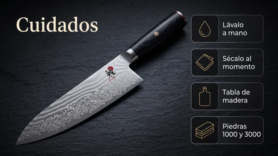 Cuidados del chef Miyabi Kaizen II sobre pizarra: lavado a mano, secado inmediato, tabla de madera y afilado con piedras de 1000 y 3000