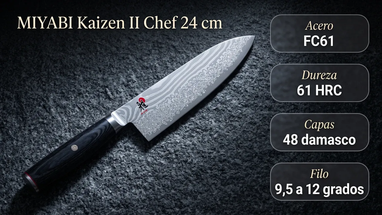 Datos del chef Miyabi Kaizen II: núcleo FC61, 61 HRC, 48 capas de damasco y filo afilado entre 9,5 y 12 grados