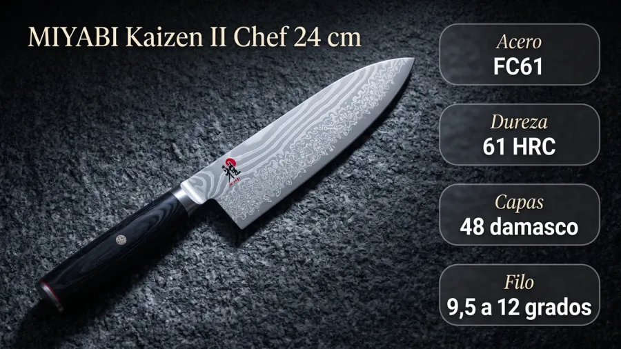 Datos del chef Miyabi Kaizen II: núcleo FC61, 61 HRC, 48 capas de damasco y filo afilado entre 9,5 y 12 grados