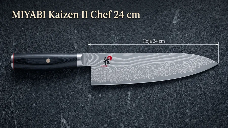 Cota de la hoja del Miyabi Kaizen II Chef sobre granito oscuro: 24 cm medidos de la punta a la virola