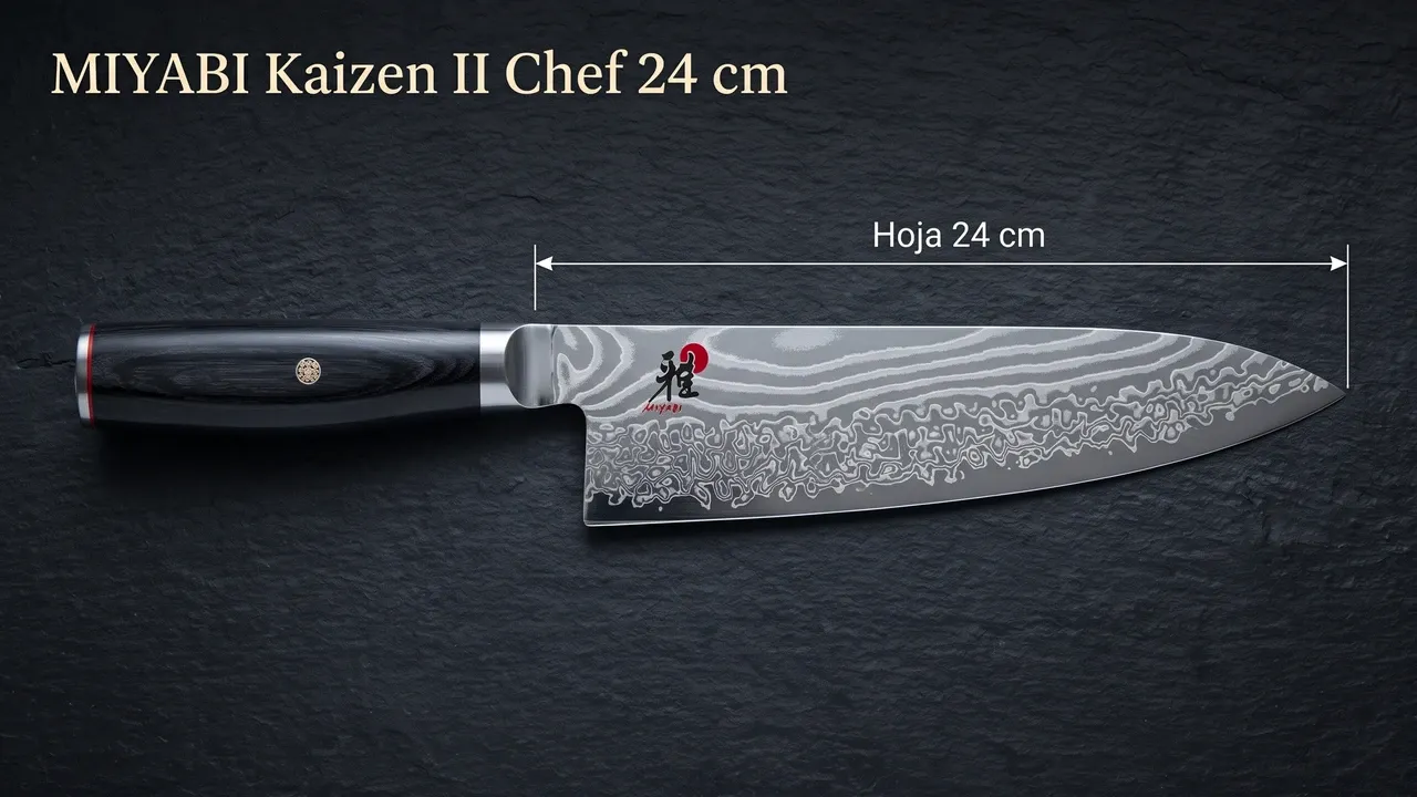 Cota de la hoja del Miyabi Kaizen II Chef sobre pizarra oscura: 24 cm medidos de la punta a la virola
