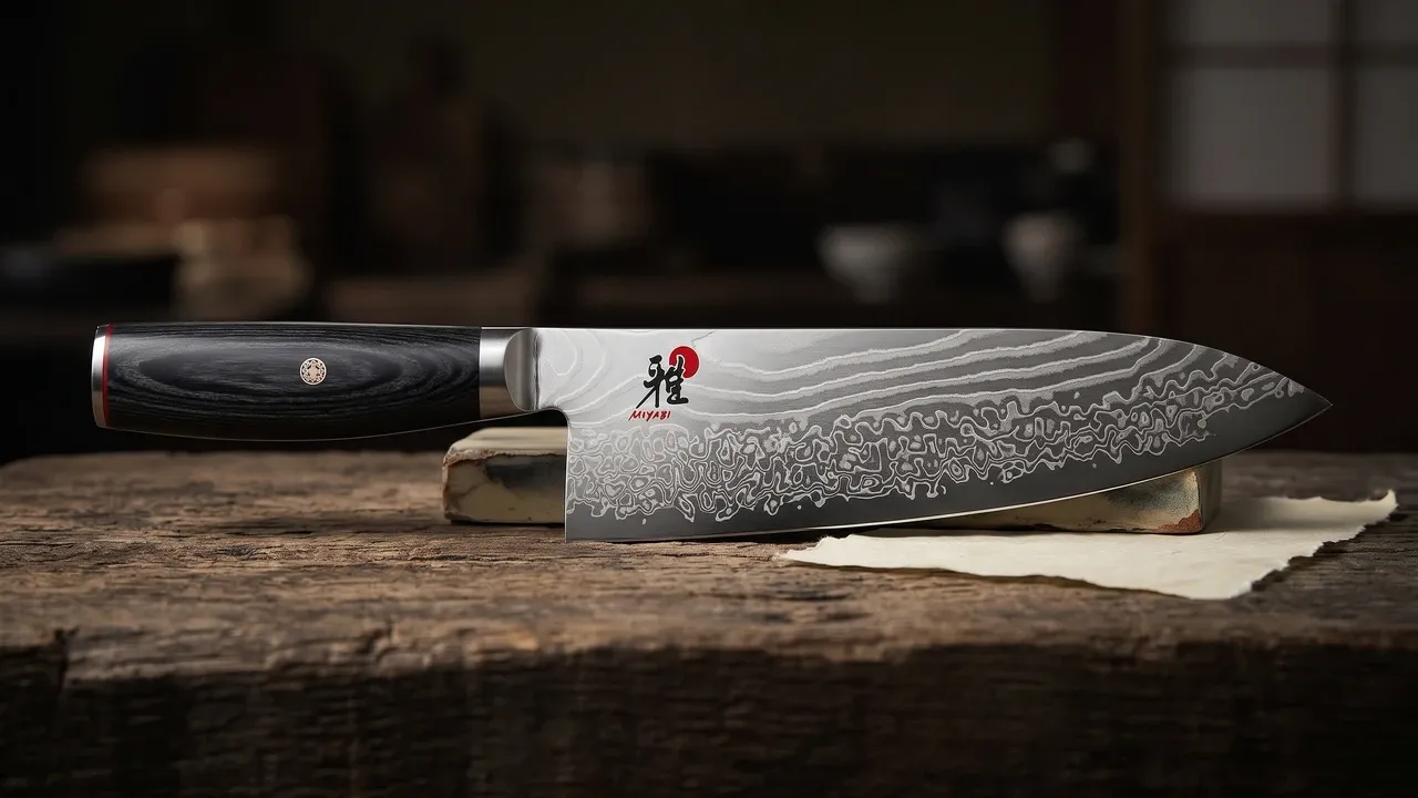 Miyabi Kaizen II Chef de 24 cm sobre una tabla de madera envejecida, apoyado en un fragmento de piedra de afilar junto a un trozo de papel washi