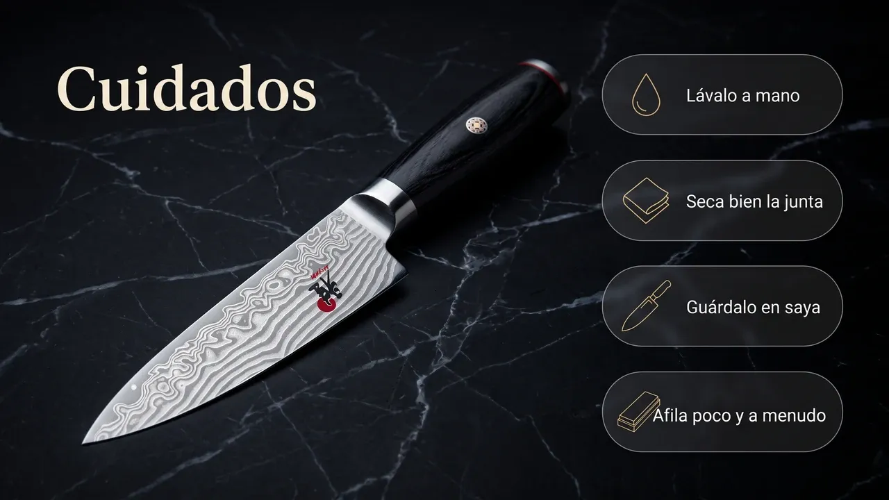 Cuidados del shotoh Miyabi 5000FCD sobre mármol negro: lavado a mano, secado de la junta del mango, guardado en saya y afilado frecuente