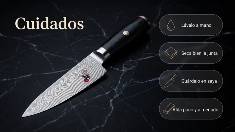 Cuidados del shotoh Miyabi Kaizen II sobre mármol negro: lavado a mano, secado de la junta del mango, guardado en saya y afilado frecuente