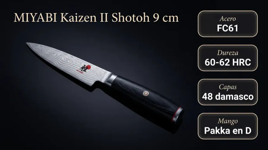 Datos del shotoh Miyabi Kaizen II: núcleo FC61, 60-62 HRC, 48 capas de damasco y mango de pakka en forma de D