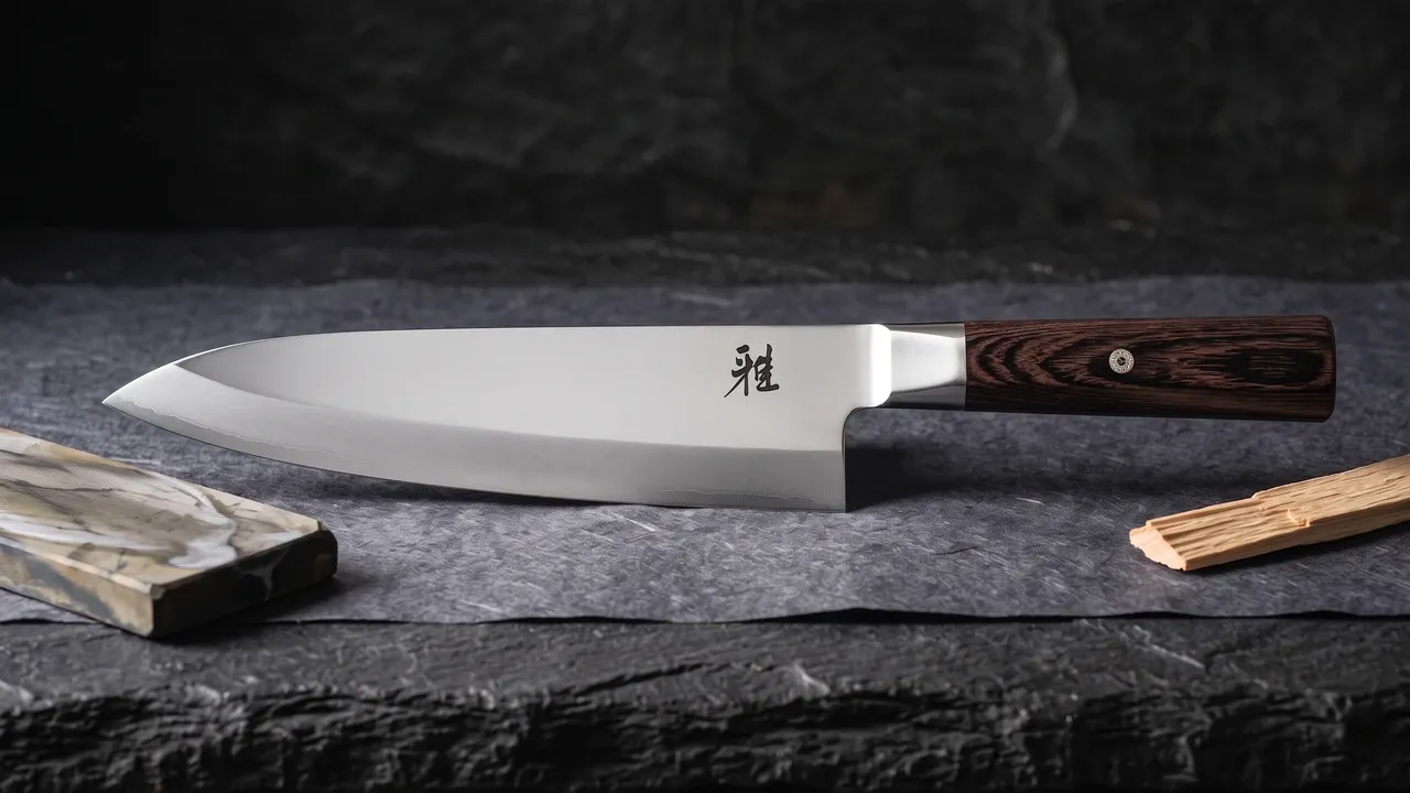 Miyabi KOH 4000FC Gyutoh de 24 cm sobre papel washi oscuro, junto a un fragmento de piedra de afilar y una esquirla de madera de hinoki