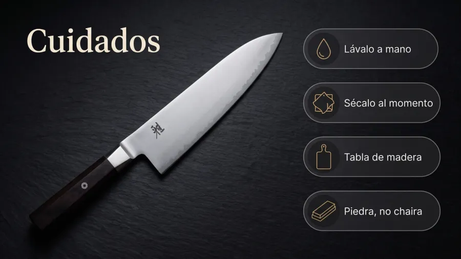Cuatro gestos de cuidado del gyuto Miyabi KOH 4000FC: lavado a mano, secado inmediato, tabla de madera y afilado con piedra en lugar de chaira