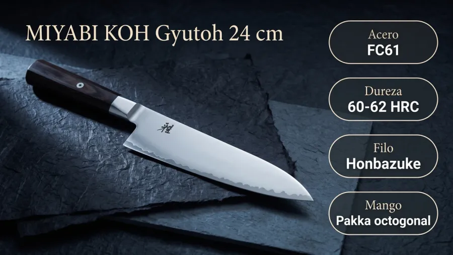 Ficha técnica del gyuto Miyabi KOH 4000FC: acero FC61, dureza 60-62 HRC, filo Honbazuke y mango de pakka octogonal