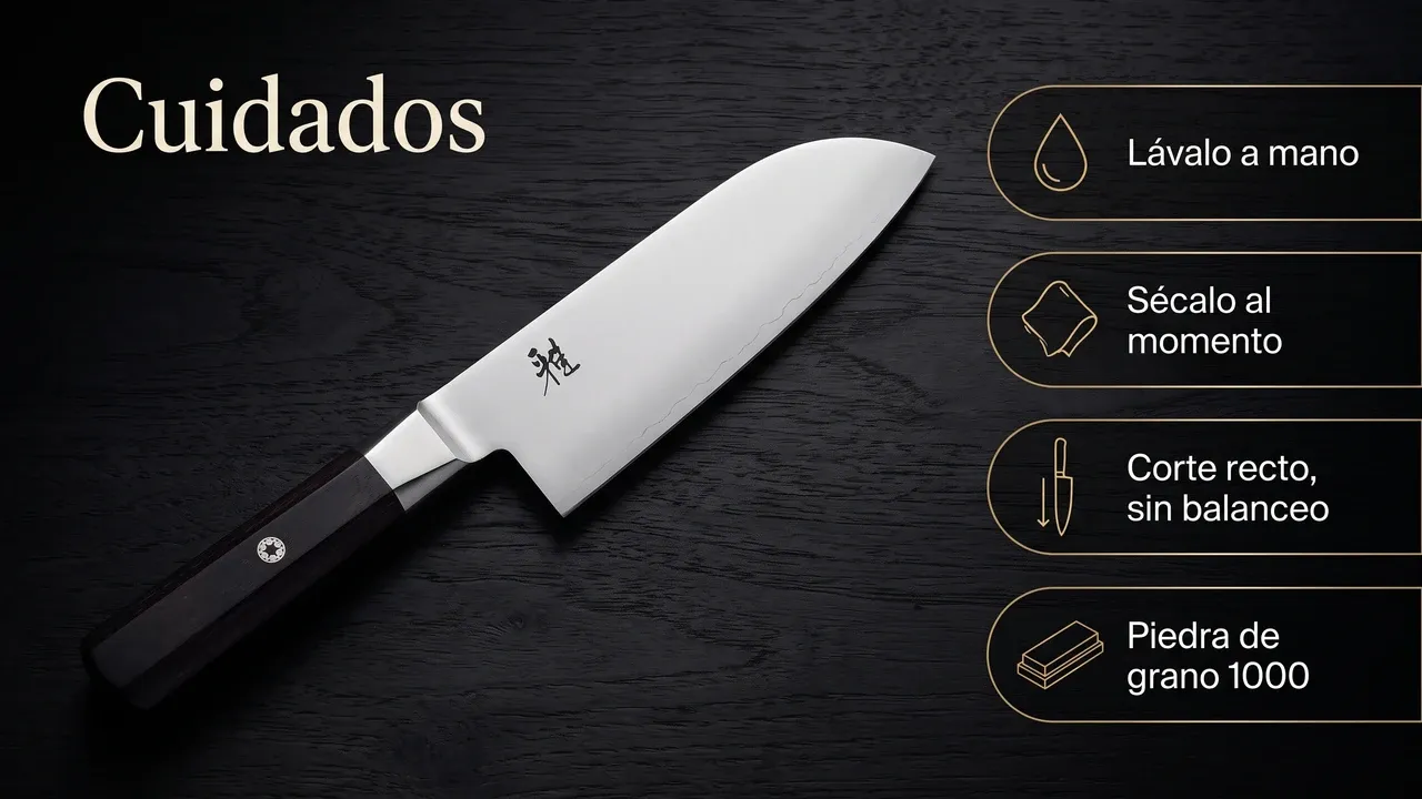 Mantenimiento del santoku Miyabi KOH 4000FC sobre madera oscura: lavado a mano, secado inmediato, corte recto sin balanceo y piedra de grano 1000