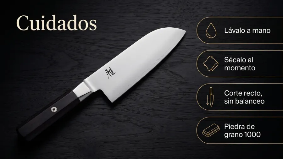 Mantenimiento del santoku Miyabi KOH 4000FC sobre madera oscura: lavado a mano, secado inmediato, corte recto sin balanceo y piedra de grano 1000