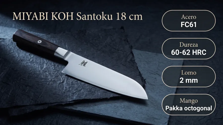 Especificaciones del santoku Miyabi KOH 4000FC: acero FC61, 60-62 HRC, lomo de 2 mm y mango de pakka octogonal