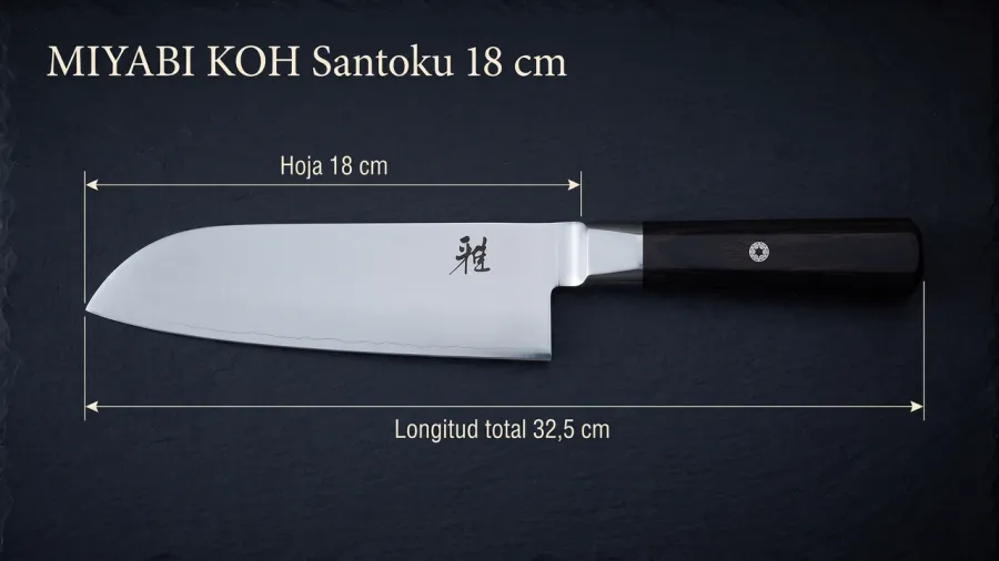 Medidas del santoku Miyabi KOH 4000FC sobre pizarra: 18 cm de hoja hasta la virola y 32,5 cm de longitud total