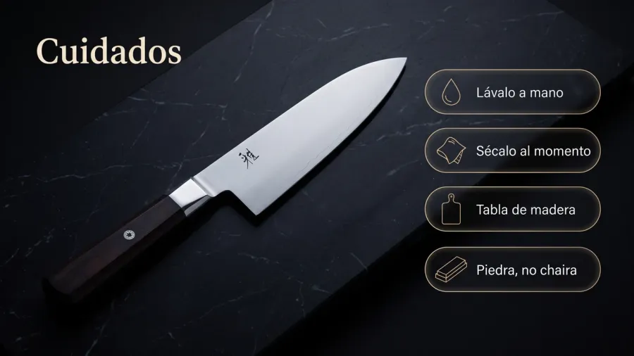 Cuidados del chef Miyabi KOH sobre mármol negro: lavado a mano, secado inmediato, tabla de madera y afilado con piedra en lugar de chaira