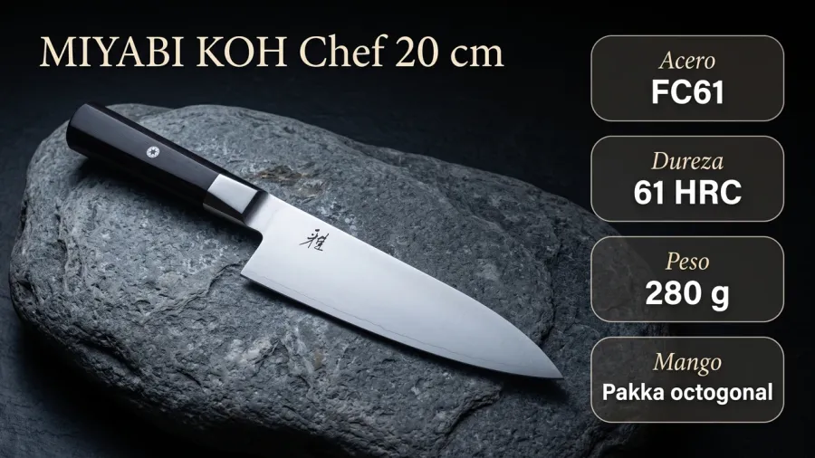 Ficha del chef Miyabi KOH: acero FC61, 61 HRC, 280 gramos de peso y mango de pakka octogonal