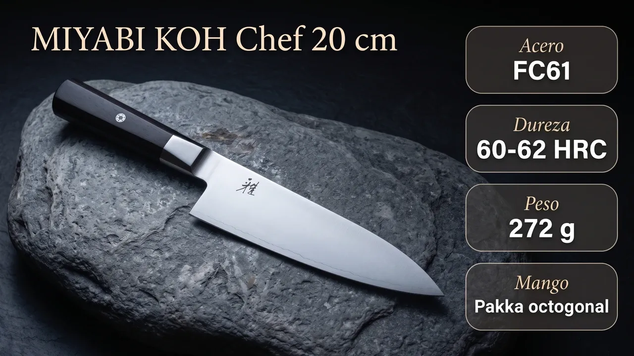 Ficha del chef Miyabi KOH: acero FC61, 60-62 HRC, 272 gramos de peso y mango de pakka octogonal