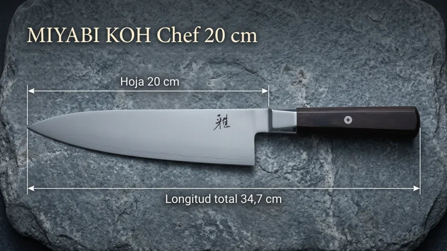 Cotas del Miyabi KOH Chef sobre piedra de río: 20 cm de hoja hasta la virola y 34,7 cm de longitud total