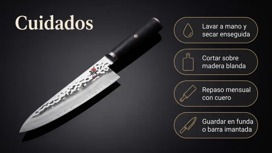 Cuidados del Miyabi Mizu SG2 Chef sobre laca negra: lavar a mano y secar enseguida, cortar sobre madera blanda, repaso mensual con cuero y guardar en funda o barra imantada