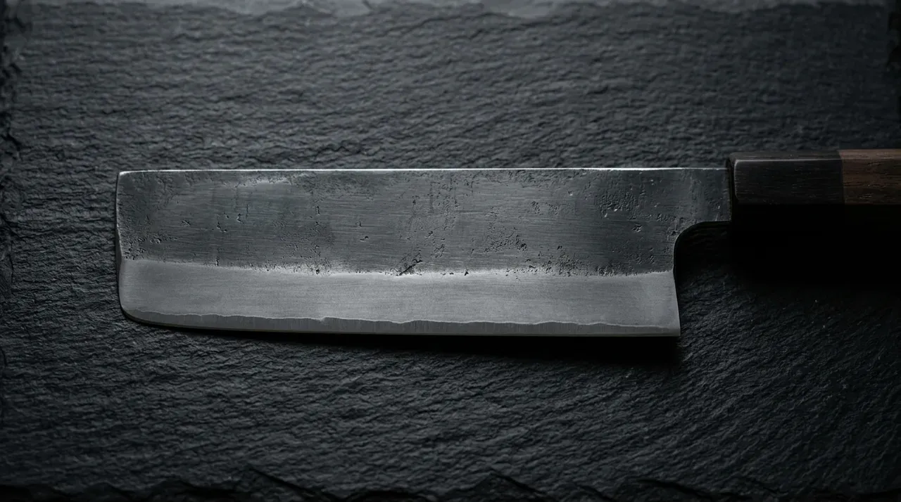Vista cenital de la hoja rectangular de un cuchillo Nakiri sobre pizarra oscura, mostrando su perfil plano característico