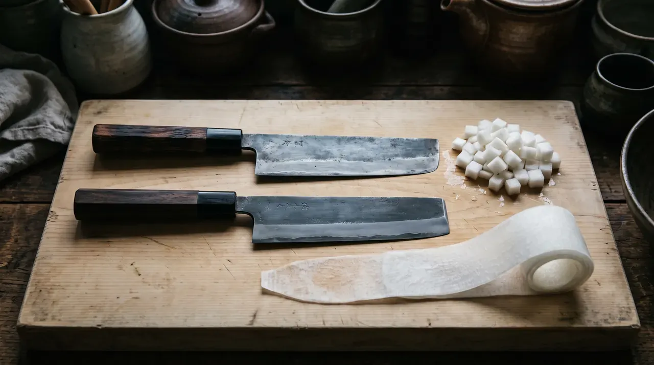 Cuchillo nakiri con daikon en dados y cuchillo usuba con una lámina continua de daikon sobre tablón de ciprés claro