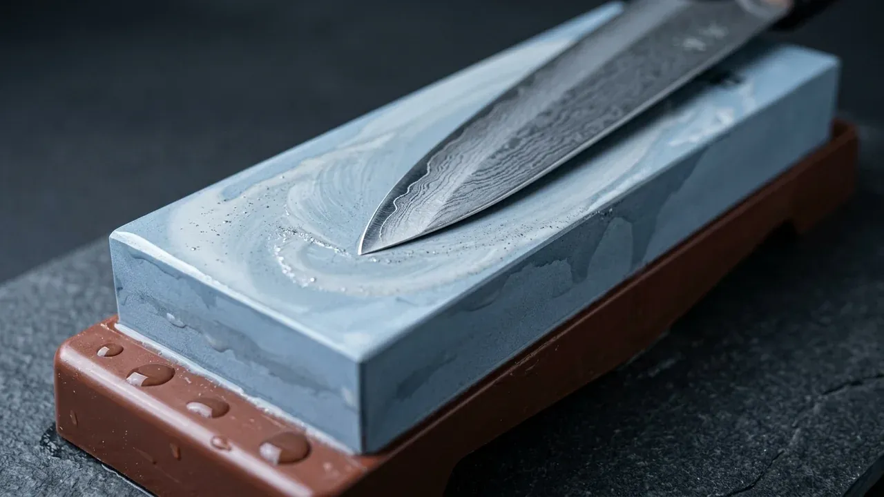 Cuchillo japonés apoyado sobre la piedra de afilar Naniwa Chosera 5000 mojada, con el barro de pulido sobre la superficie