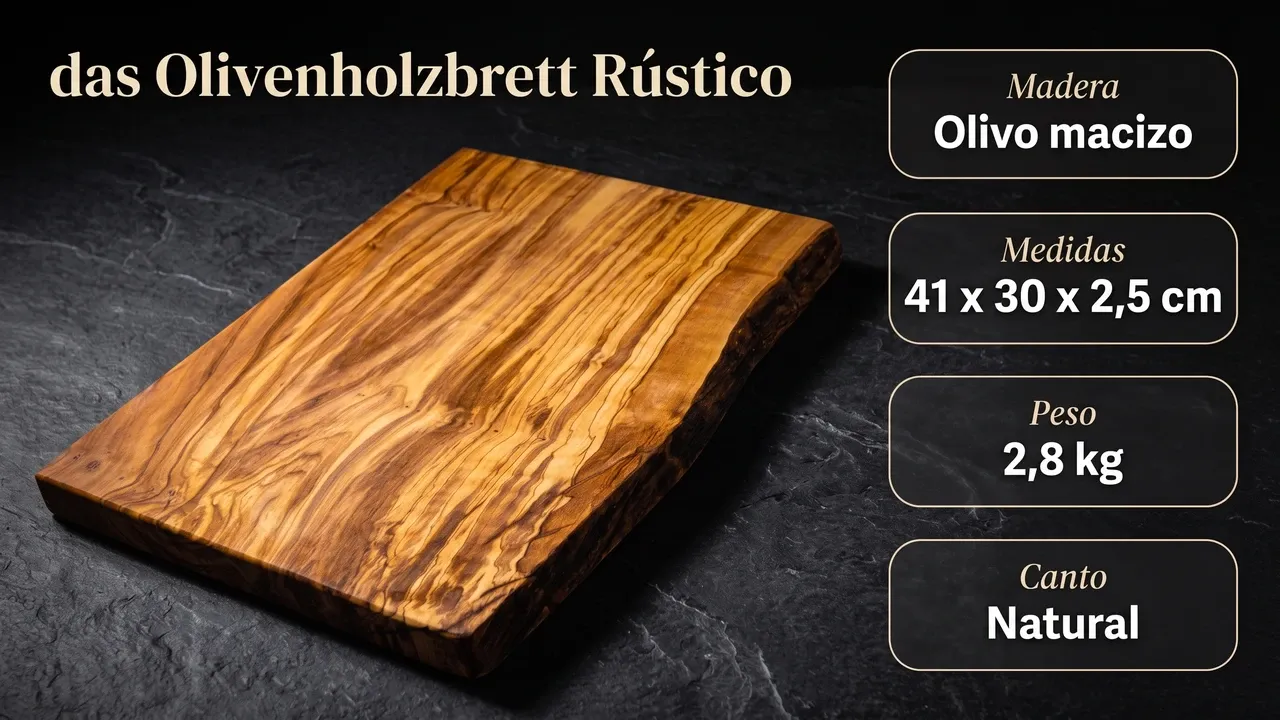 Ficha técnica de la tabla Das Olivenholzbrett: olivo macizo de una sola pieza, 2,8 kg de peso y borde de corteza sin escuadrar