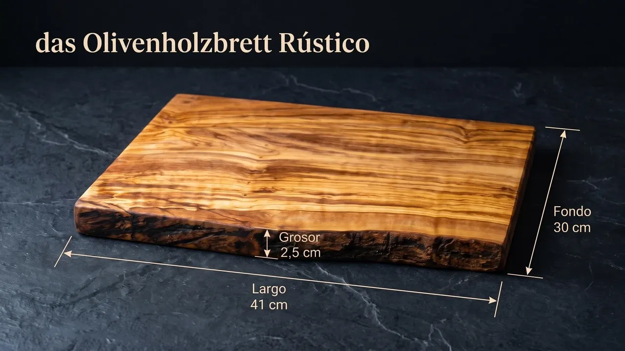 Medidas de la tabla Das Olivenholzbrett de olivo: 41 cm de largo, 30 cm de ancho y 2,5 cm de grosor, con un lateral de canto natural