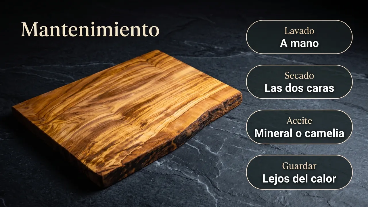 Cuidados de la tabla de olivo Das Olivenholzbrett: lavar a mano con agua templada, secar las dos caras a la vez y aceitar la veta cada mes