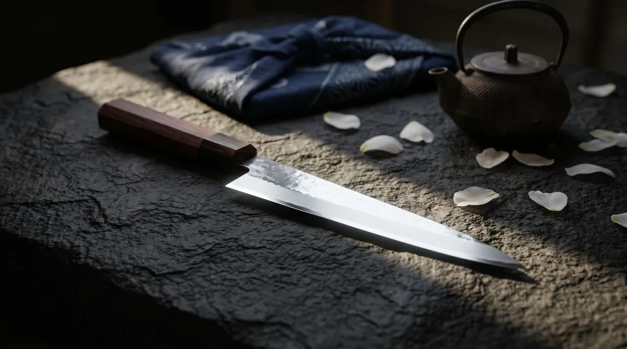 Cuchillo Petty japonés de hoja espejo y mango wa de palisandro sobre piedra oscura con furoshiki índigo y tetsubin japonés