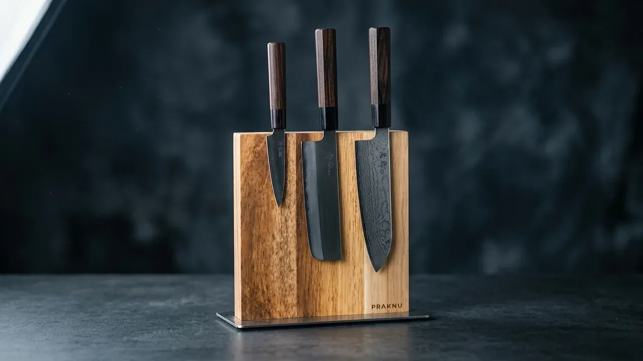 Bloque magnético Praknu de madera de acacia clara con tres cuchillos japoneses colgados en su cara imantada y base de acero