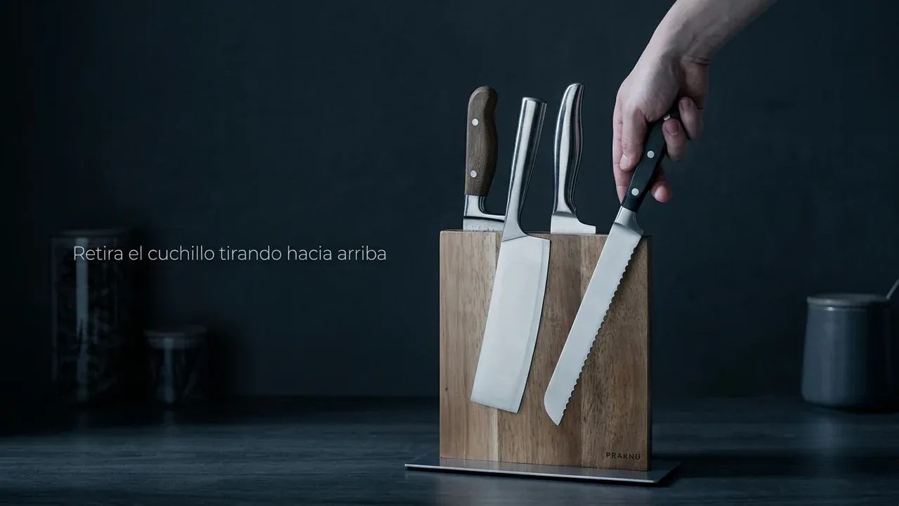 Técnica de uso del bloque magnético Praknu: retirar el cuchillo tirando hacia arriba para no rozar el filo con la madera