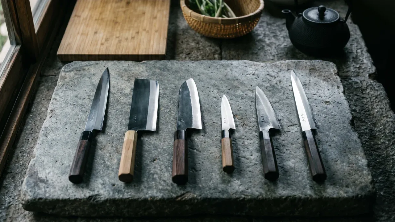 Seis cuchillos japoneses de tipos distintos alineados sobre una losa de piedra de río gris: yanagiba, nakiri rectangular, santoku, petty, honesuki y sujihiki