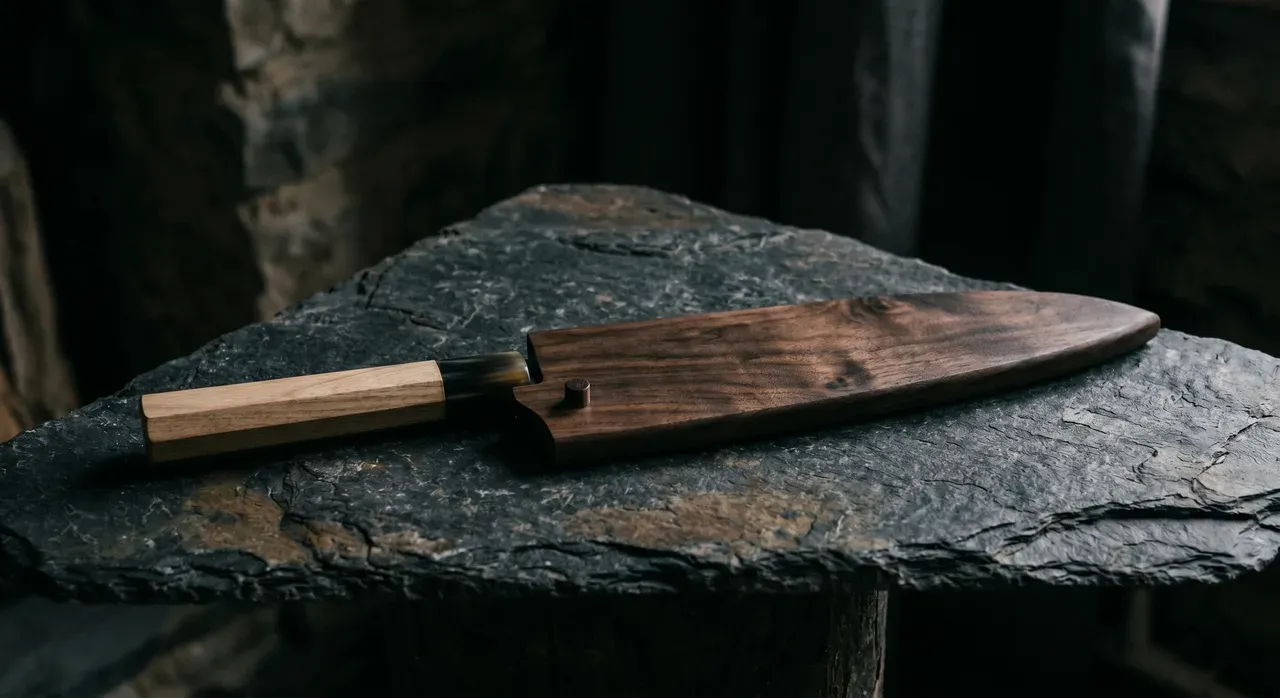 Saya de madera de magnolia protegiendo la hoja de un cuchillo japonés Gyuto sobre superficie oscura