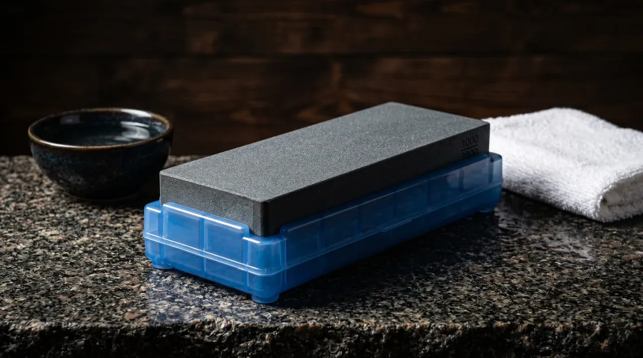 Shapton Kuromaku 320 piedra de afilar sobre superficie de pizarra oscura con cuenco de agua