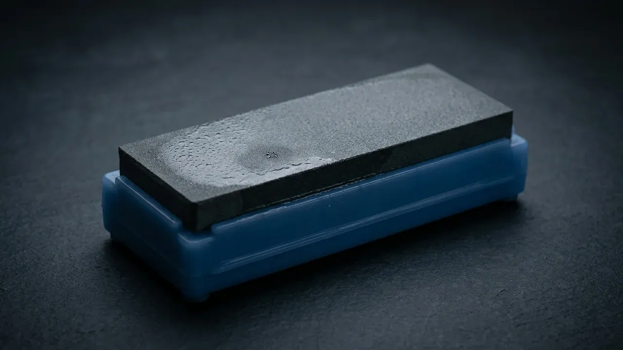 Piedra de afilar Shapton Kuromaku 320 de grano grueso gris sobre su estuche azul, la piedra de reparación de filos dañados