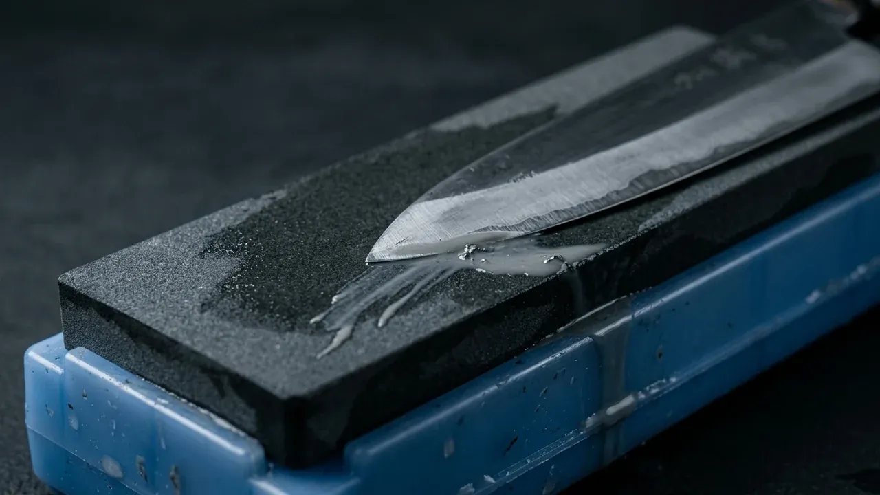 Cuchillo japonés reparándose sobre la piedra Shapton Kuromaku 320 de grano grueso, que arranca metal para recuperar la geometría