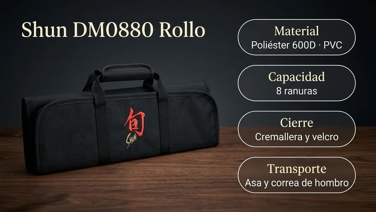 Ficha técnica del rollo Shun DM0880: poliéster 600D laminado en PVC, 8 ranuras, cierre de cremallera y velcro, asa y correa de hombro