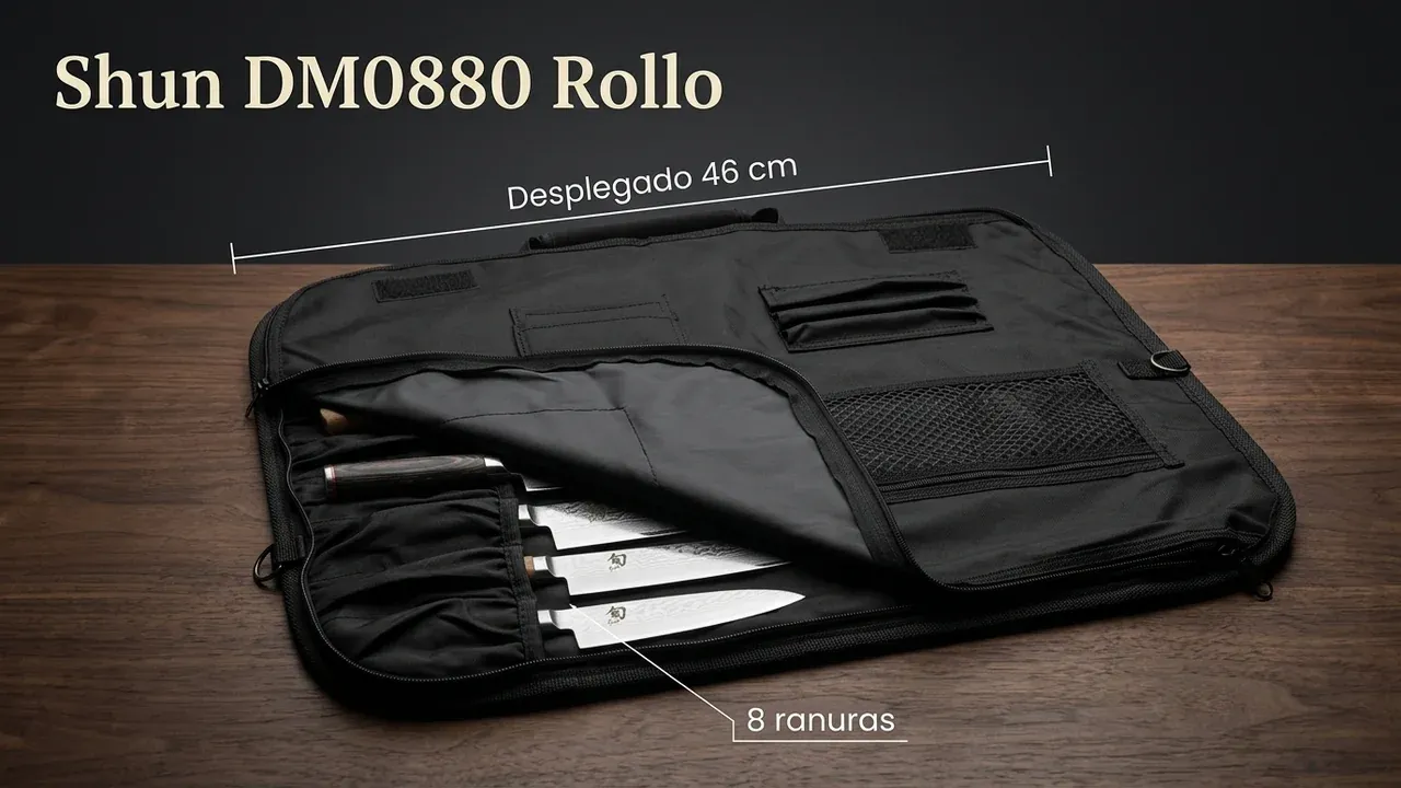 Rollo portacuchillos Shun DM0880 abierto mostrando sus 8 ranuras y 46 cm de ancho desplegado, con cuchillos de damasco dentro